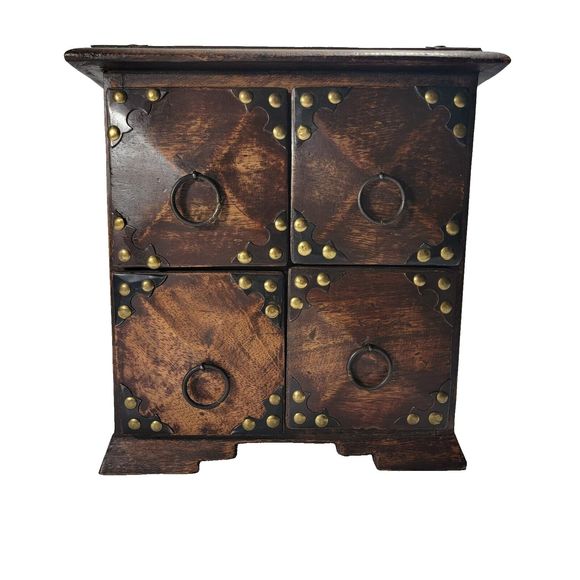 Vintage India Made Wooden Jewelry Box 4 Drawers Studded